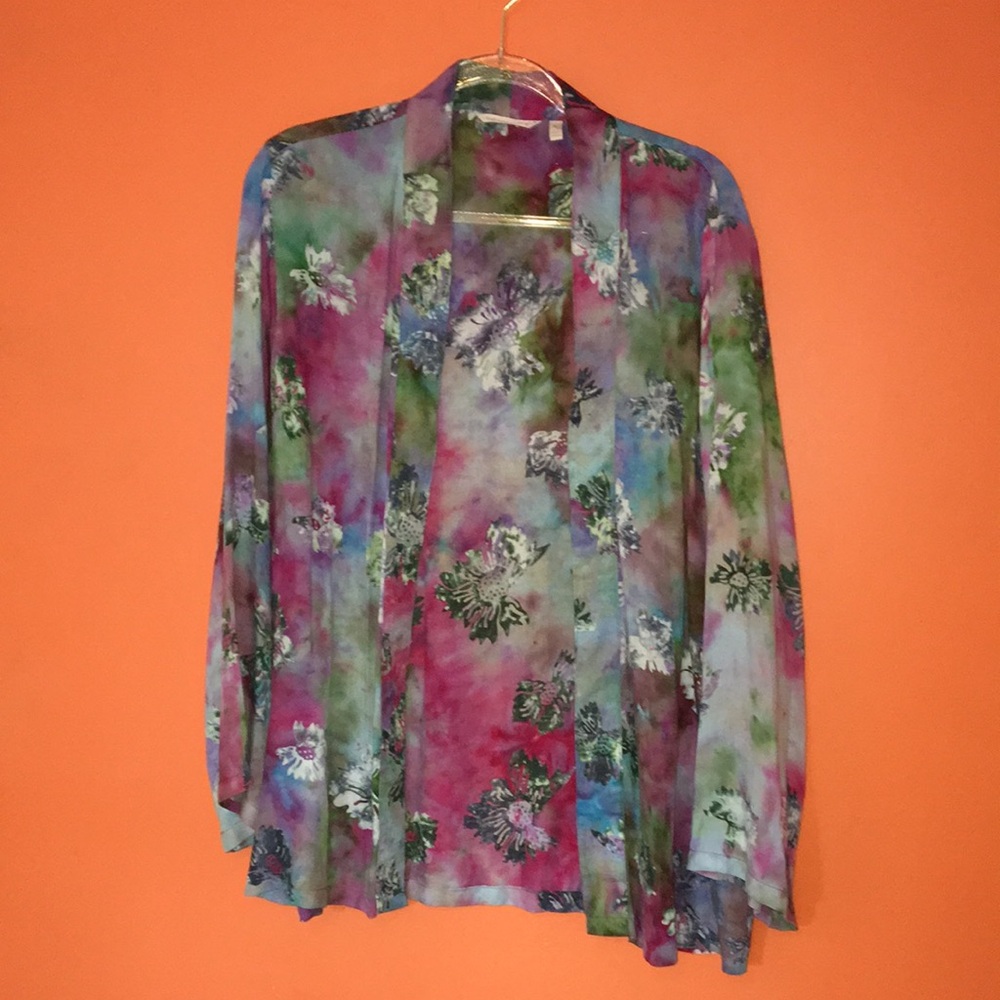 Soft Surroundings Cotton Open Front Cardigan Woman’s XL Tye Dye Floral Spring